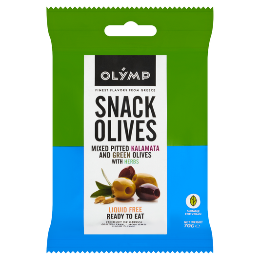 Olymp Snack Olives fűszerezett zöld & kalamata magozott olajbogyó 70 g
