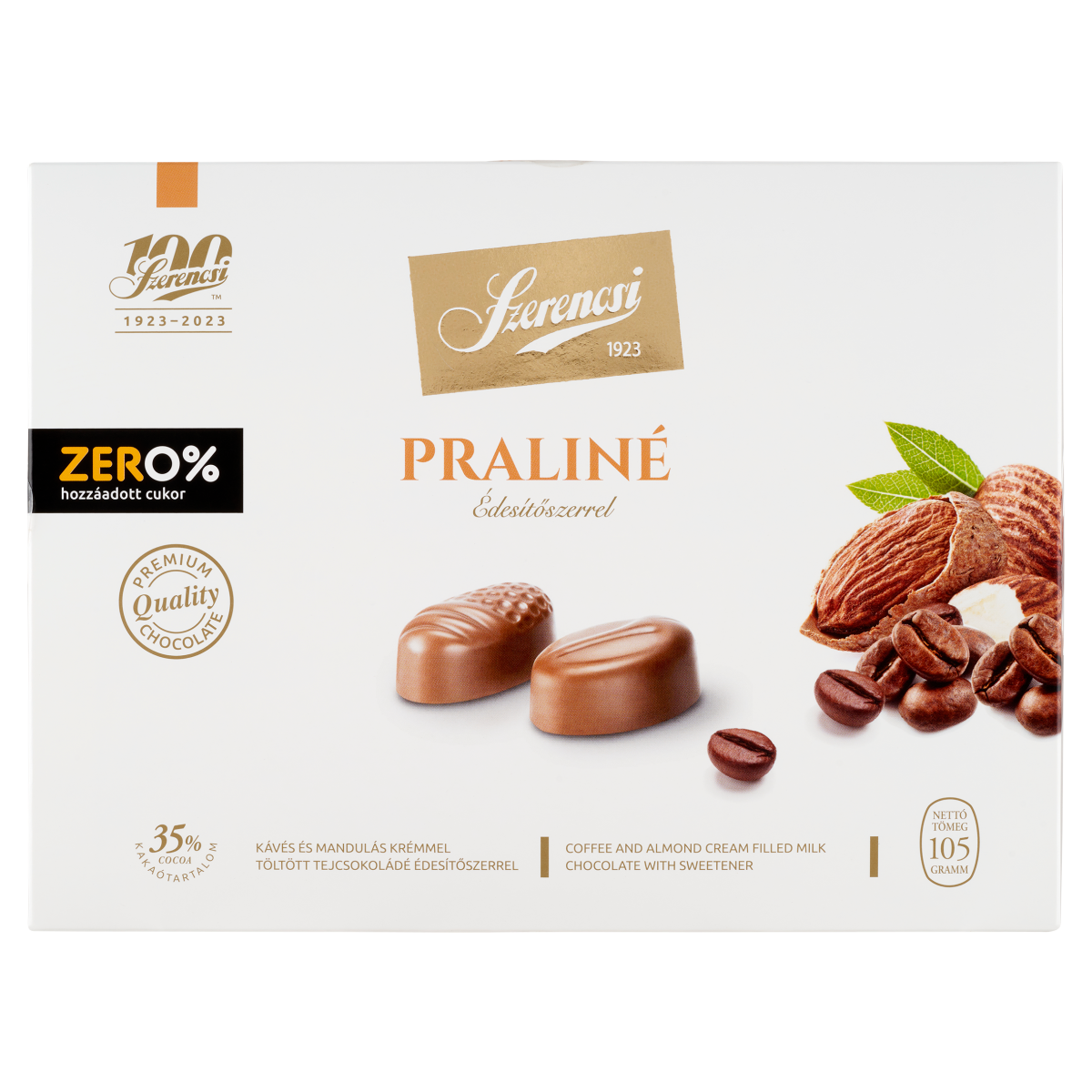 Szerencsi Zero% praliné kávés és mandulás krémmel töltött tejcsokoládé édesítőszerrel 105 g