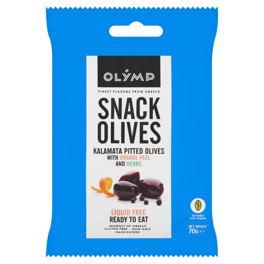 Olymp Snack Olives fűszerezett kalamata magozott olajbogyó narancs héjjal 70 g