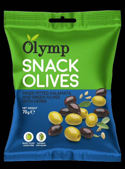 Olymp Snack Olives fűszerezett zöld & kalamata magozott olajbogyó 70 g