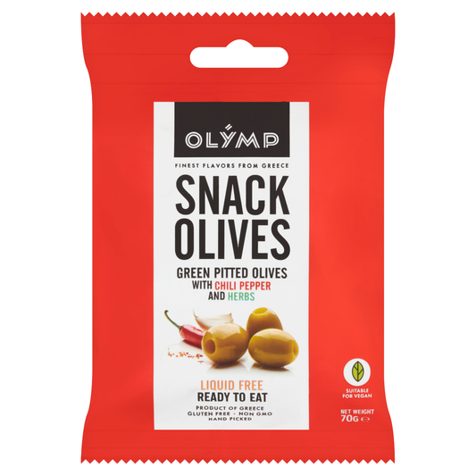 Olymp Snack Olives fűszerezett zöld magozott olajbogyó chili paprikával 70 g