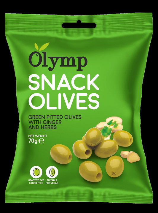 Olymp Snack Olives fűszerezett zöld magozott olajbogyó gyömbérrel 70 g