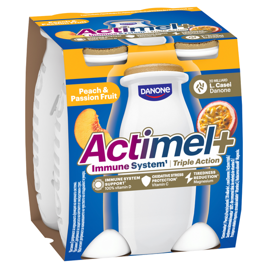 DANONE Actimel+ őszibarack- és maracujaízű zsírszegény joghurtalapú ital 4 x 100 g (400 g)