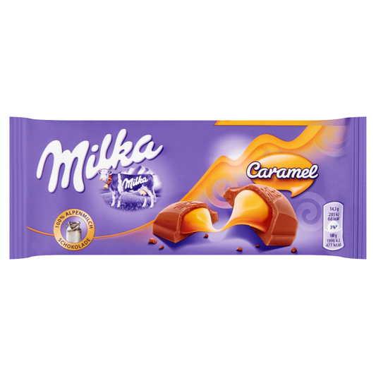 Milka alpesi tej felhasználásával készült tejcsokoládé karamellás töltelékkel 100 g