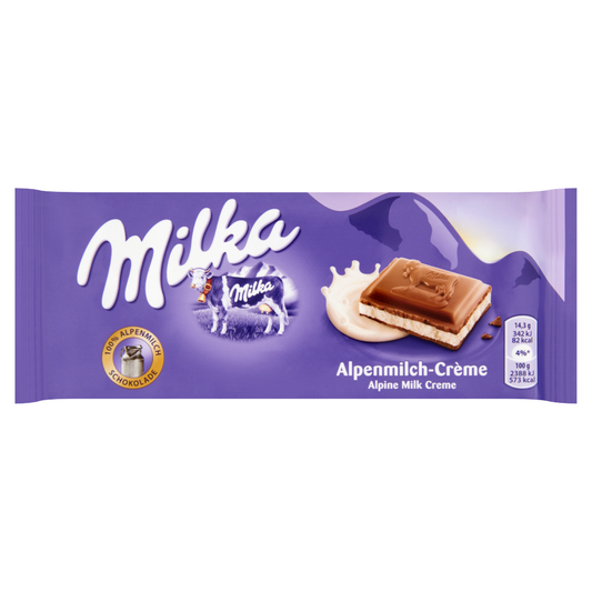 Milka alpesi tej felhasználásával készült tejcsokoládé tejes krémtöltelékkel 100 g