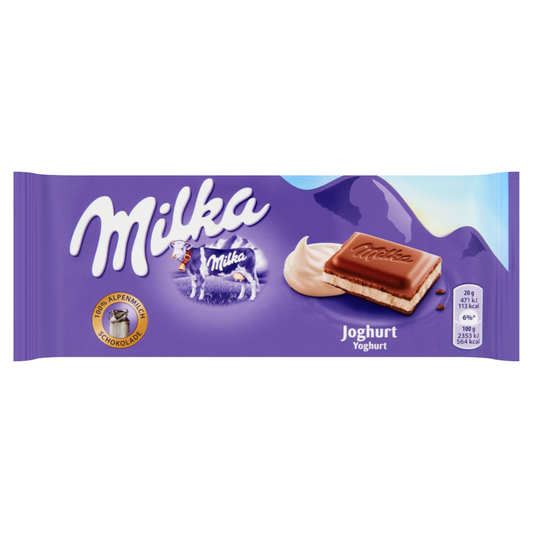 Milka alpesi tej felhasználásával készült tejcsokoládé joghurtos krémtöltelékkel 100 g